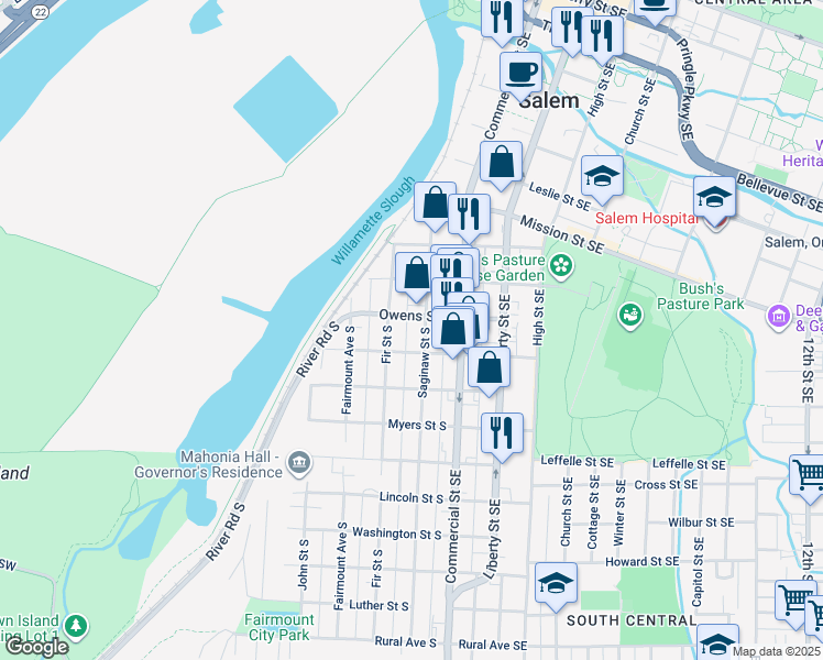 map of restaurants, bars, coffee shops, grocery stores, and more near 251-265 Miller Street South in Salem