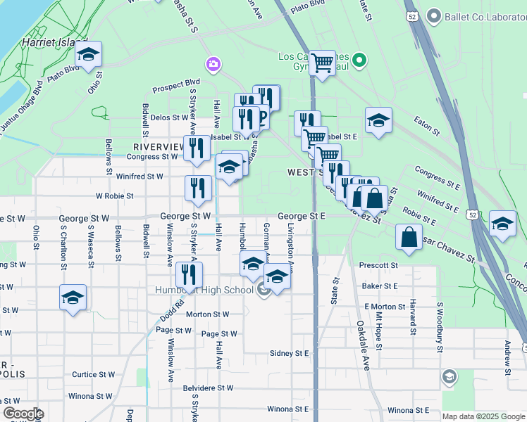 map of restaurants, bars, coffee shops, grocery stores, and more near 28 George Street East in Saint Paul