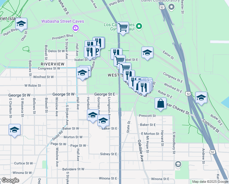 map of restaurants, bars, coffee shops, grocery stores, and more near 89 George Street East in Saint Paul