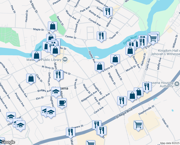 map of restaurants, bars, coffee shops, grocery stores, and more near 146 East Orvis Street in Massena