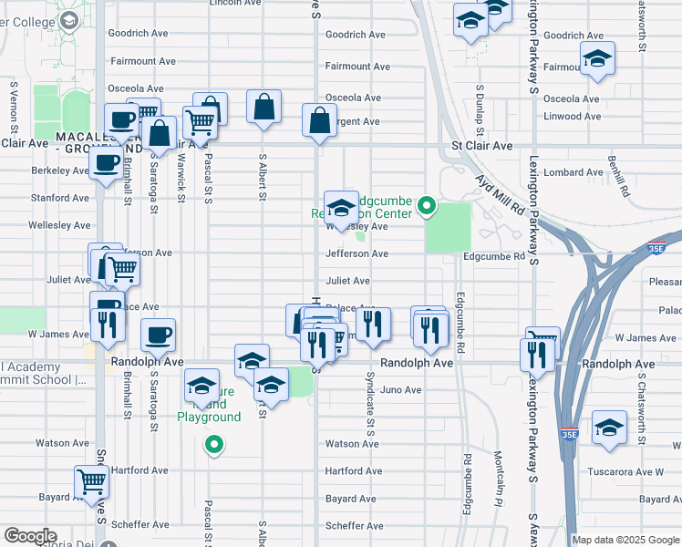 map of restaurants, bars, coffee shops, grocery stores, and more near 1320 Juliet Avenue in Saint Paul