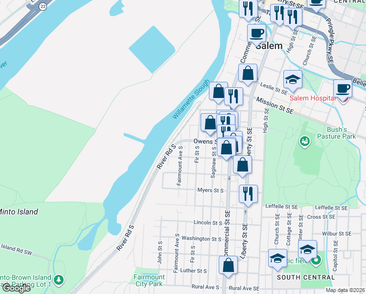 map of restaurants, bars, coffee shops, grocery stores, and more near 1136 Fairmount Avenue South in Salem