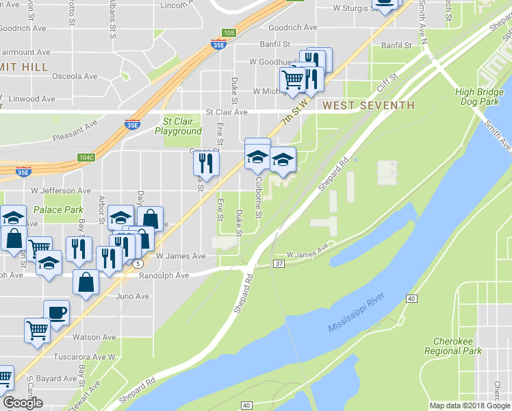 map of restaurants, bars, coffee shops, grocery stores, and more near 399 South Colborne Street in Saint Paul