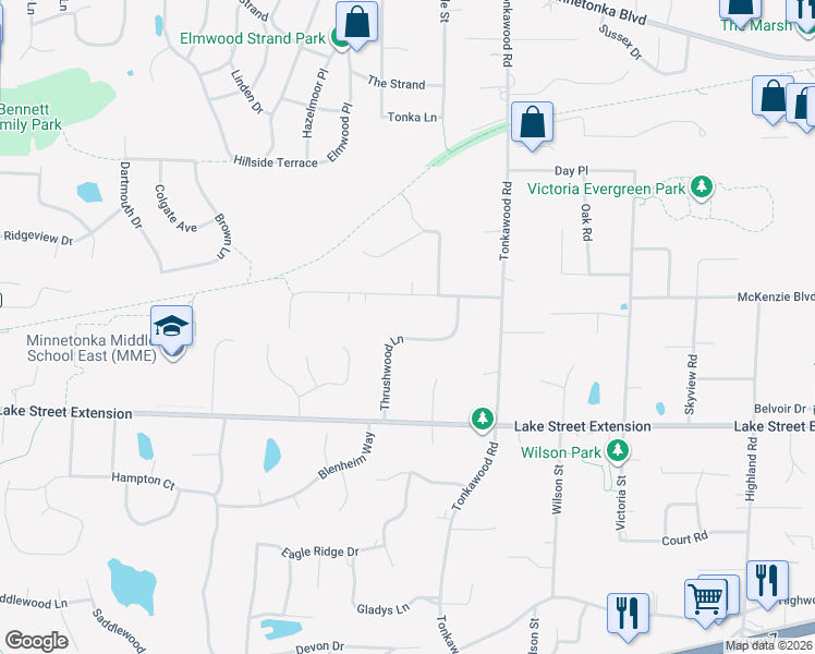 map of restaurants, bars, coffee shops, grocery stores, and more near 4037 Thrushwood Lane in Minnetonka
