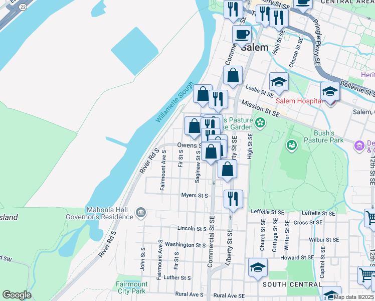 map of restaurants, bars, coffee shops, grocery stores, and more near 251-265 Miller Street South in Salem