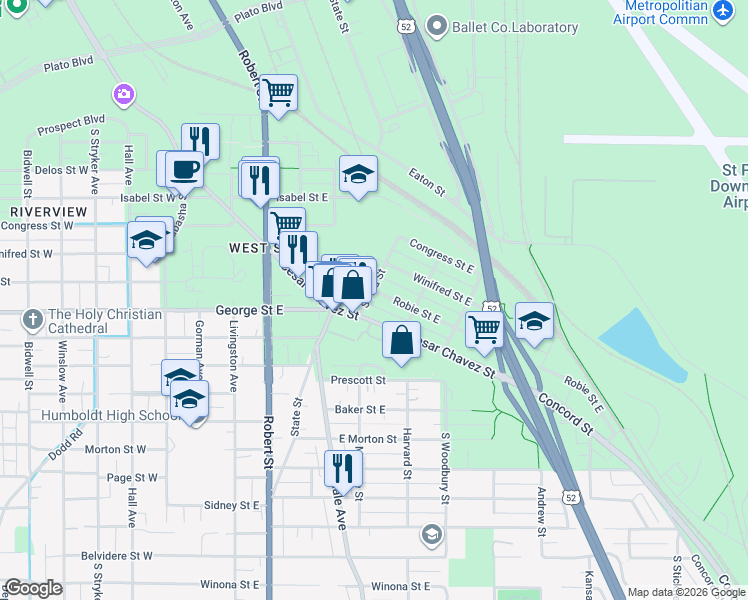 map of restaurants, bars, coffee shops, grocery stores, and more near in Saint Paul