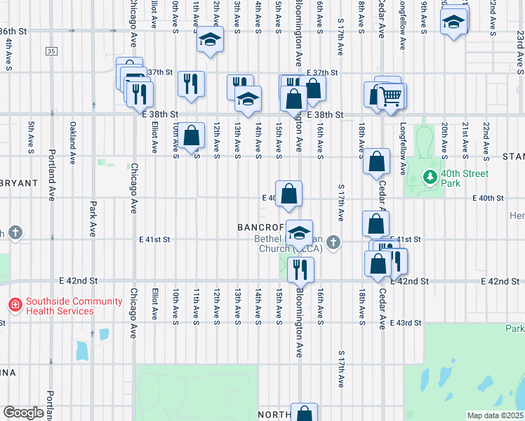 map of restaurants, bars, coffee shops, grocery stores, and more near 4029a 14th Avenue South in Minneapolis