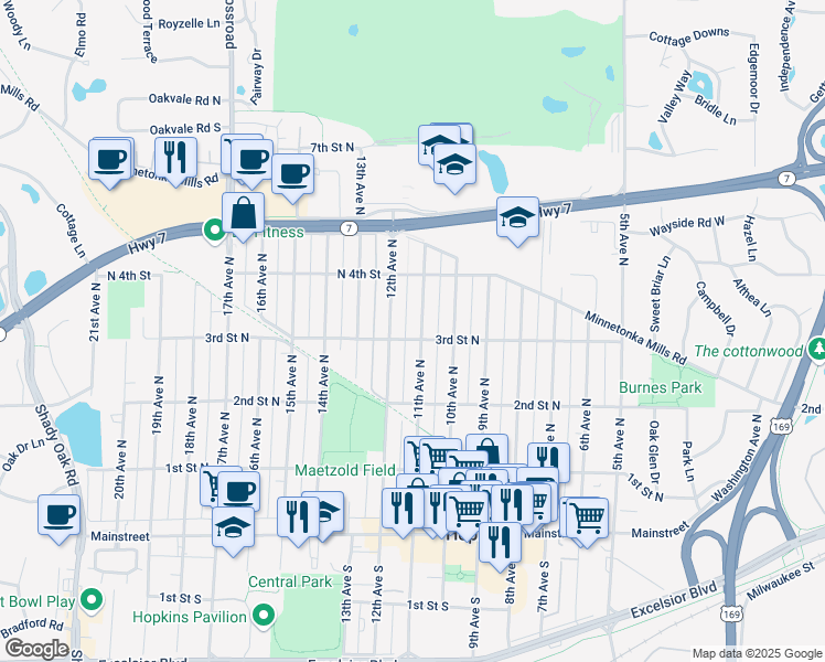 map of restaurants, bars, coffee shops, grocery stores, and more near 238 11th Avenue North in Hopkins