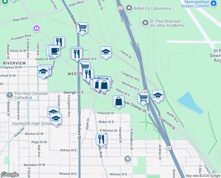 map of restaurants, bars, coffee shops, grocery stores, and more near in Saint Paul