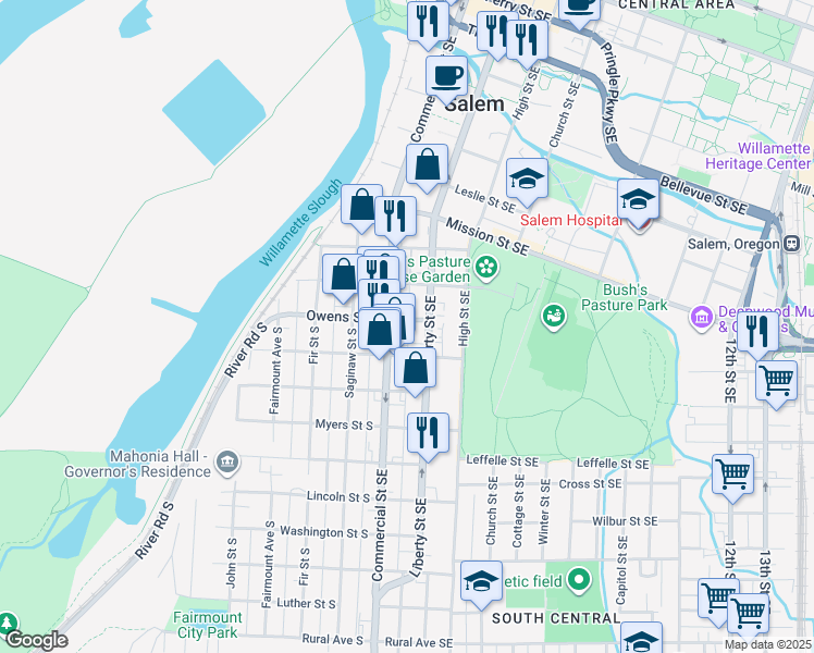 map of restaurants, bars, coffee shops, grocery stores, and more near 170 Owens Street Southeast in Salem