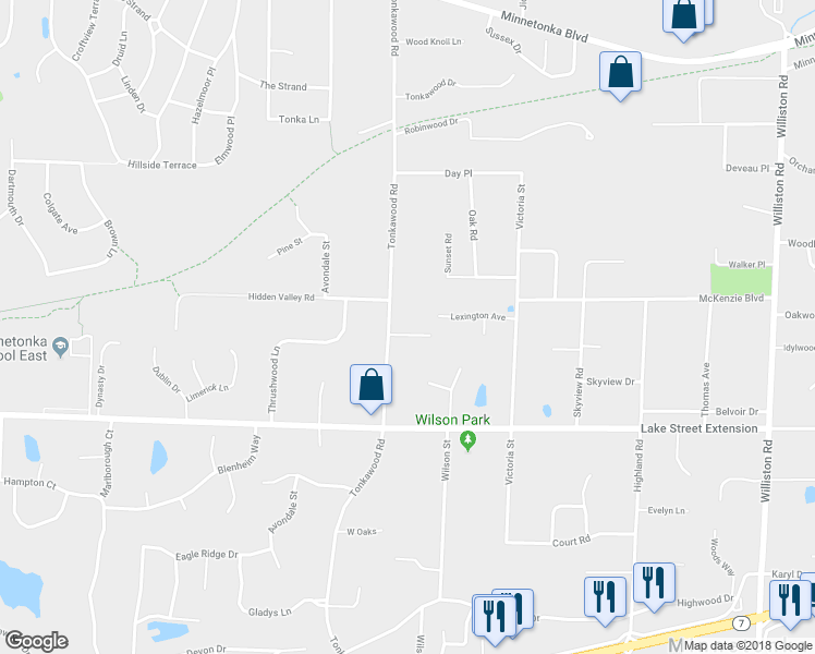 map of restaurants, bars, coffee shops, grocery stores, and more near 15990 Erickson Lane in Minnetonka