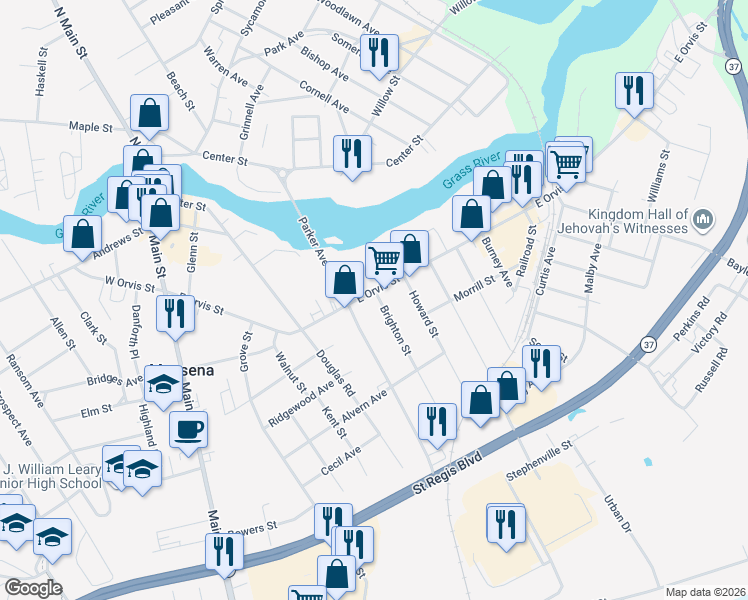 map of restaurants, bars, coffee shops, grocery stores, and more near 8 Brighton Street in Massena