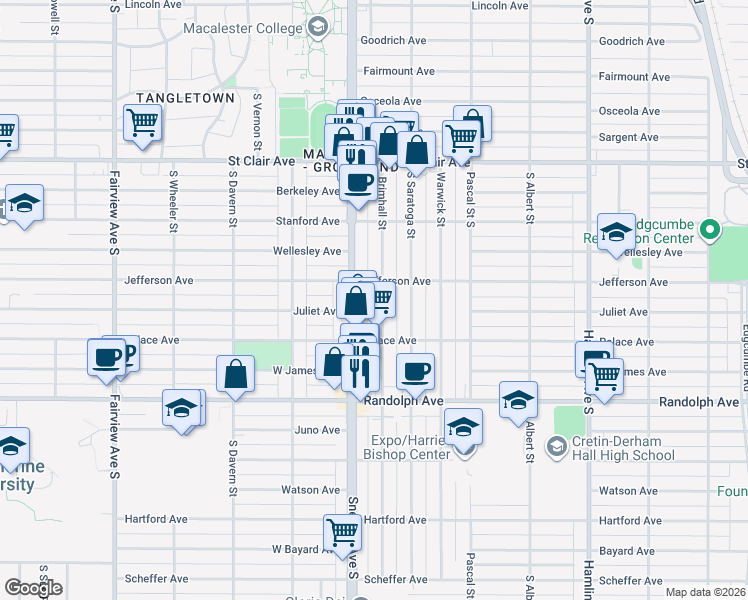 map of restaurants, bars, coffee shops, grocery stores, and more near 398 Snelling Avenue South in Saint Paul