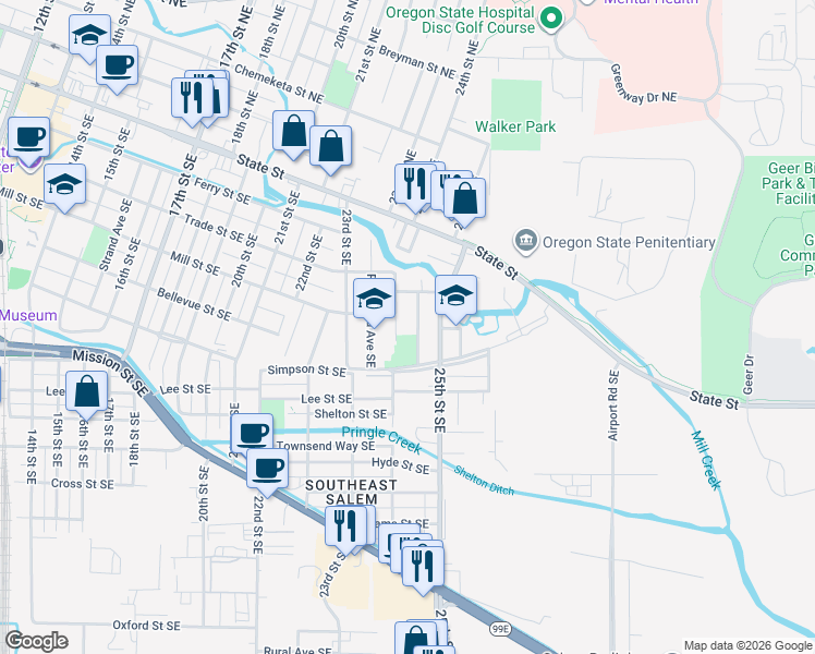 map of restaurants, bars, coffee shops, grocery stores, and more near 560 24th Street Southeast in Salem