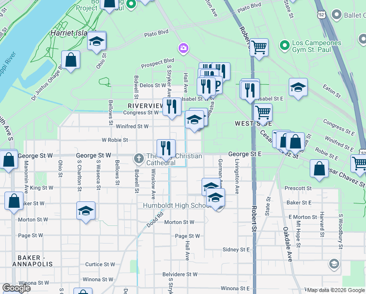 map of restaurants, bars, coffee shops, grocery stores, and more near 543 Hall Avenue in Saint Paul