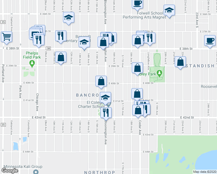 map of restaurants, bars, coffee shops, grocery stores, and more near 4035 Bloomington Avenue in Minneapolis