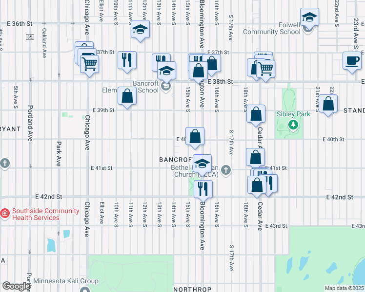 map of restaurants, bars, coffee shops, grocery stores, and more near 4016 Bloomington Avenue in Minneapolis