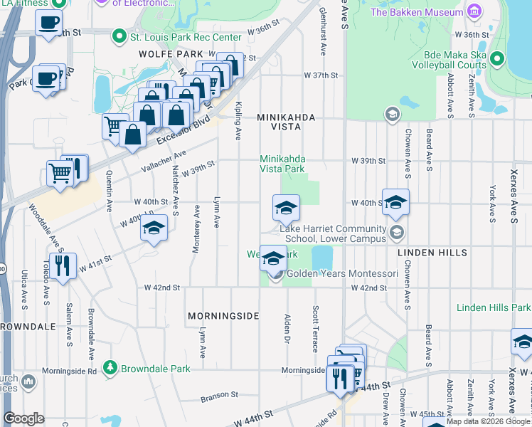 map of restaurants, bars, coffee shops, grocery stores, and more near 4016 Grimes Avenue South in Minneapolis