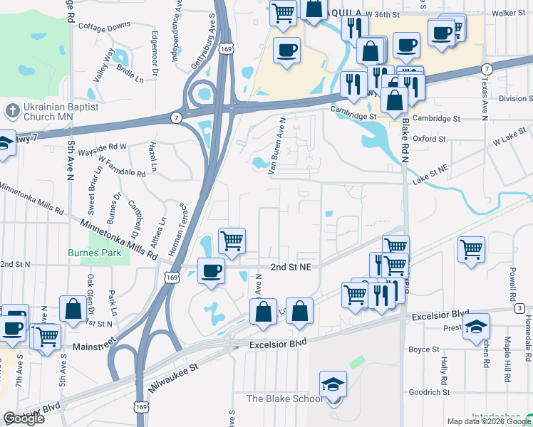 map of restaurants, bars, coffee shops, grocery stores, and more near 244 Jackson Avenue North in Hopkins
