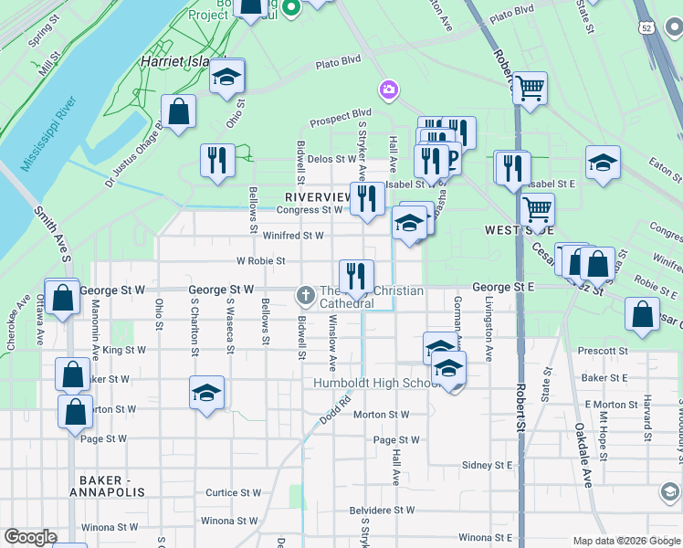 map of restaurants, bars, coffee shops, grocery stores, and more near 76 George Street West in Saint Paul
