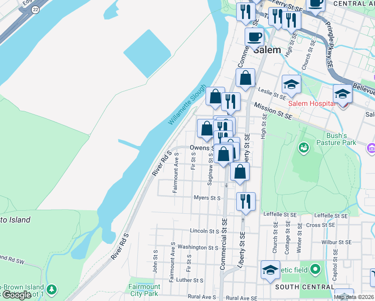 map of restaurants, bars, coffee shops, grocery stores, and more near 324 Owens Street South in Salem