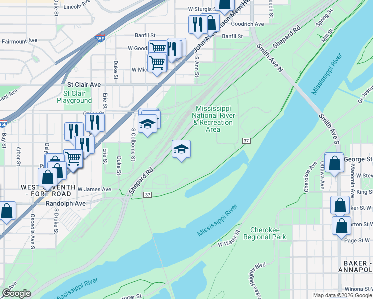 map of restaurants, bars, coffee shops, grocery stores, and more near 345 Randolph Avenue in Saint Paul