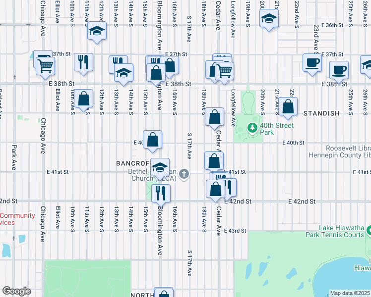 map of restaurants, bars, coffee shops, grocery stores, and more near 4024 South 17th Avenue in Minneapolis