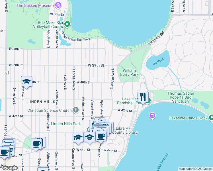 map of restaurants, bars, coffee shops, grocery stores, and more near 2617 West 40th Street in Minneapolis