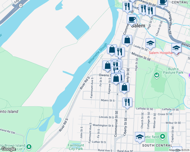 map of restaurants, bars, coffee shops, grocery stores, and more near 380 Owens Street South in Salem