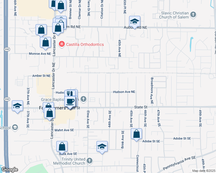 map of restaurants, bars, coffee shops, grocery stores, and more near 196 44th Avenue Northeast in Salem