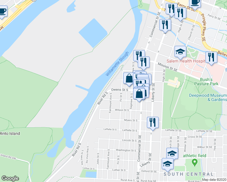 map of restaurants, bars, coffee shops, grocery stores, and more near 355 Miller Street South in Salem