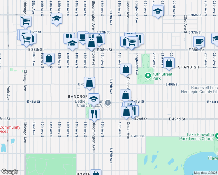 map of restaurants, bars, coffee shops, grocery stores, and more near 4024 South 17th Avenue in Minneapolis