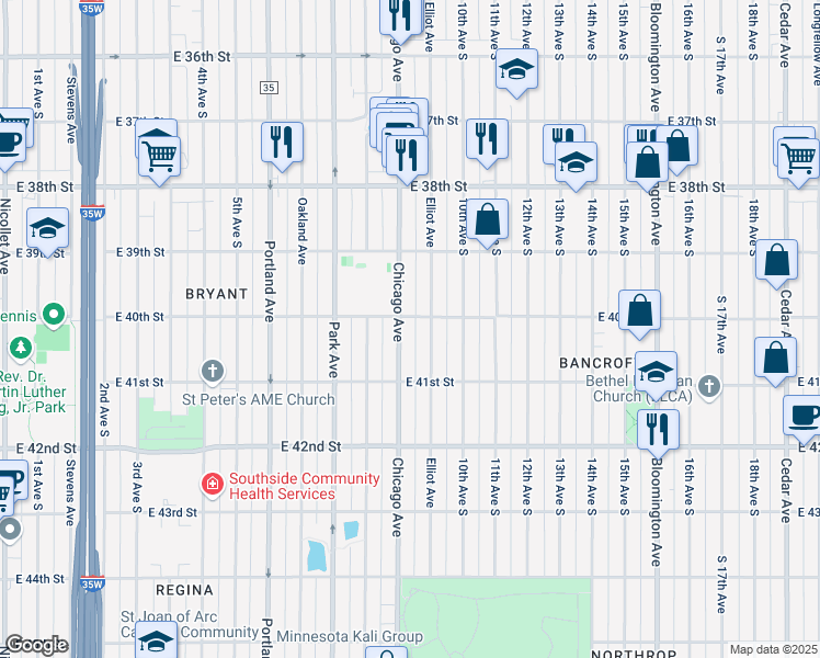 map of restaurants, bars, coffee shops, grocery stores, and more near 4037 Chicago Avenue in Minneapolis