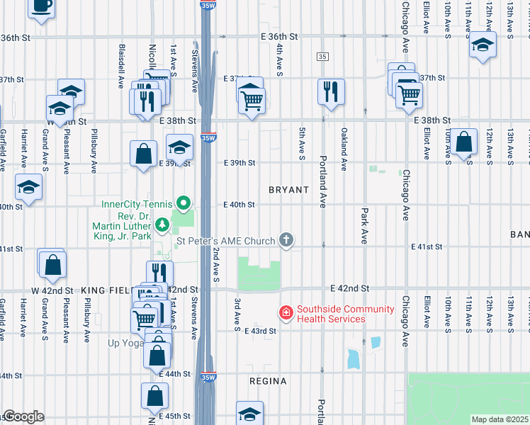 map of restaurants, bars, coffee shops, grocery stores, and more near 4030 Clinton Avenue in Minneapolis
