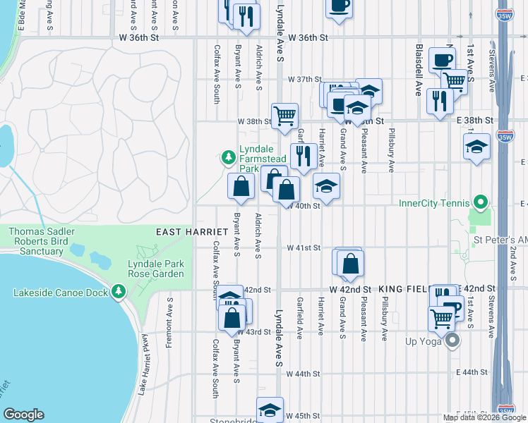 map of restaurants, bars, coffee shops, grocery stores, and more near 4029 Aldrich Avenue South in Minneapolis