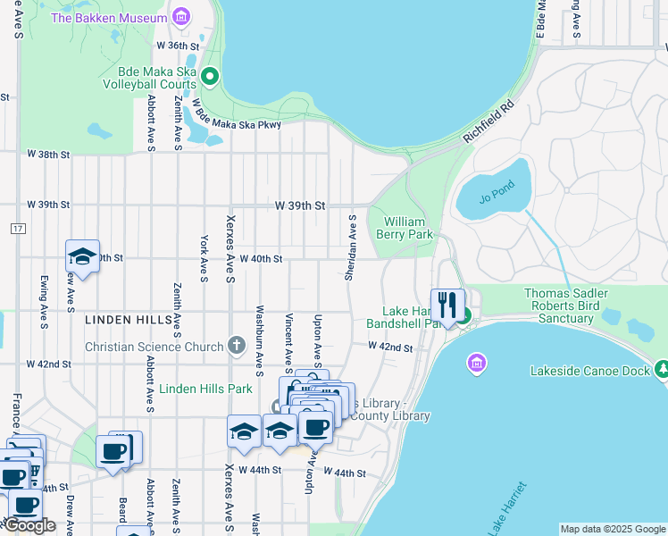 map of restaurants, bars, coffee shops, grocery stores, and more near 4024 Sheridan Avenue South in Minneapolis