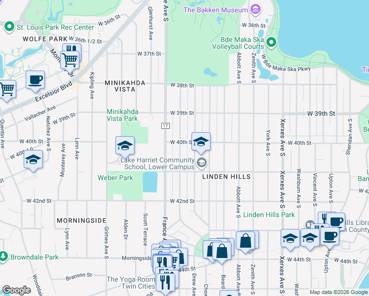 map of restaurants, bars, coffee shops, grocery stores, and more near 4032 Drew Avenue South in Minneapolis