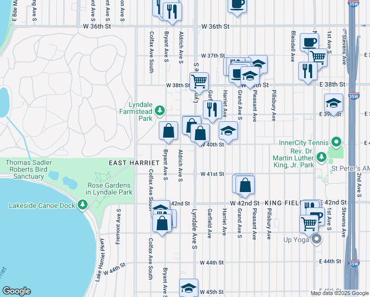 map of restaurants, bars, coffee shops, grocery stores, and more near 4029 Aldrich Avenue South in Minneapolis