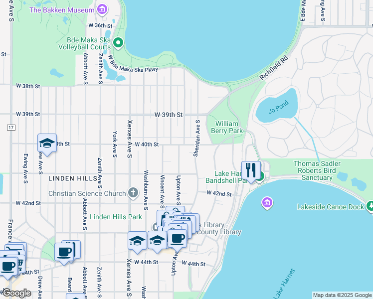 map of restaurants, bars, coffee shops, grocery stores, and more near 2617 West 40th Street in Minneapolis