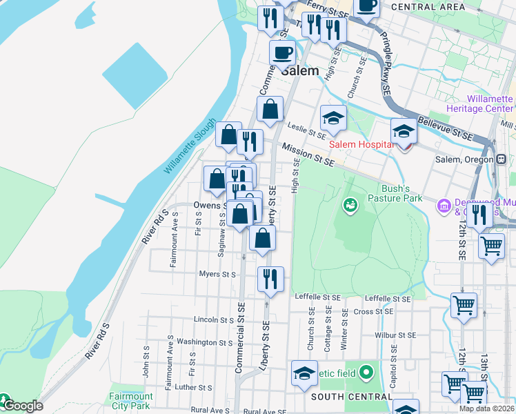 map of restaurants, bars, coffee shops, grocery stores, and more near 300 Owens Street Southeast in Salem