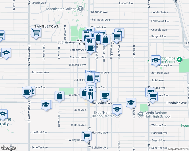 map of restaurants, bars, coffee shops, grocery stores, and more near 350 Snelling Avenue South in Saint Paul