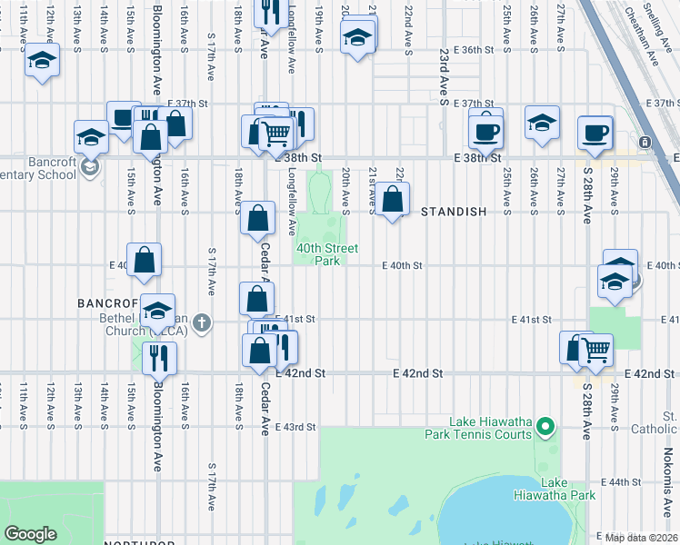 map of restaurants, bars, coffee shops, grocery stores, and more near 1900 East 40th Street in Minneapolis