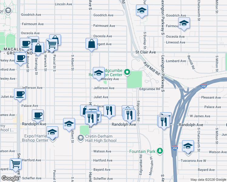 map of restaurants, bars, coffee shops, grocery stores, and more near 1253 West Jefferson Avenue in Saint Paul