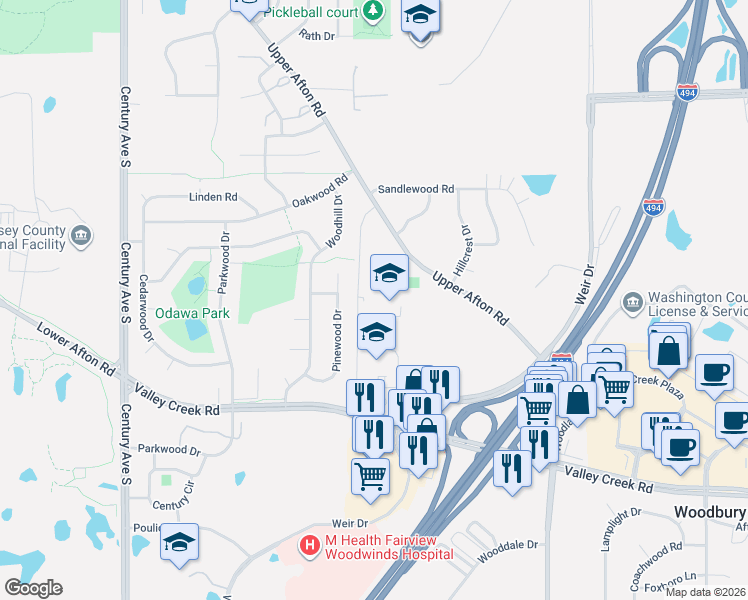 map of restaurants, bars, coffee shops, grocery stores, and more near 1251 School Drive in Woodbury