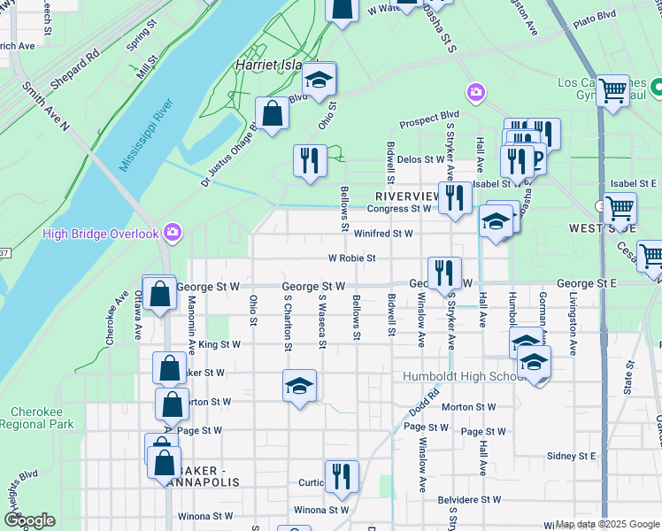map of restaurants, bars, coffee shops, grocery stores, and more near 208 Winifred Street West in Saint Paul
