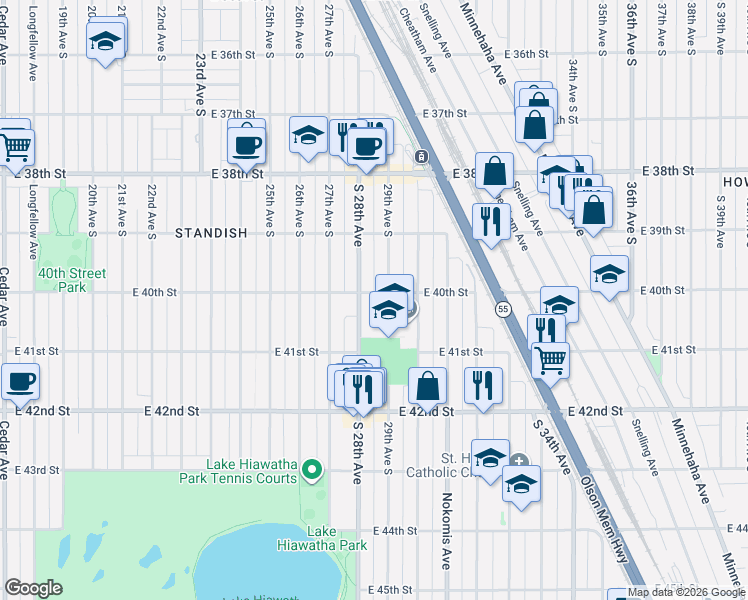 map of restaurants, bars, coffee shops, grocery stores, and more near 3938 29th Avenue South in Minneapolis
