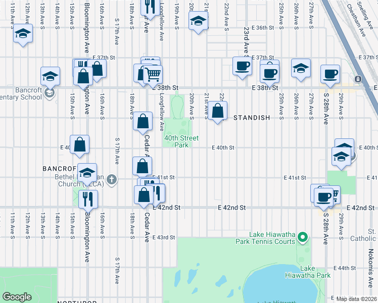 map of restaurants, bars, coffee shops, grocery stores, and more near 1900 East 40th Street in Minneapolis