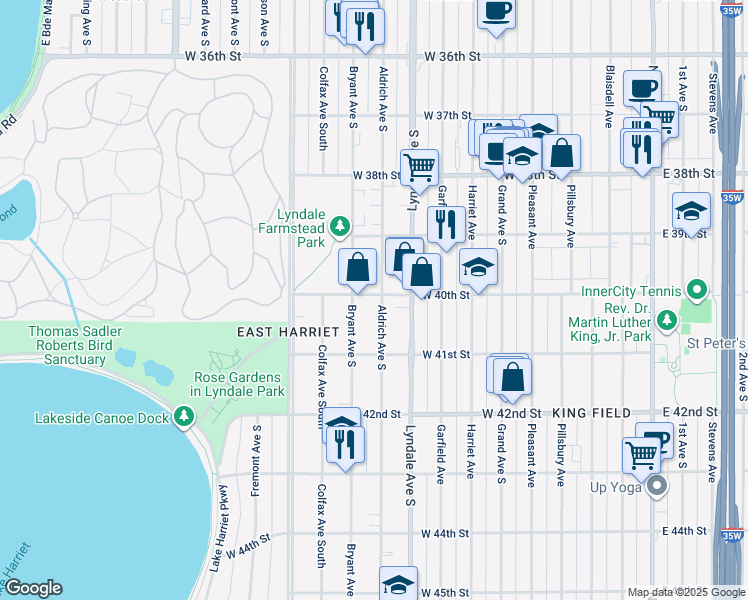 map of restaurants, bars, coffee shops, grocery stores, and more near 3941 Aldrich Avenue South in Minneapolis