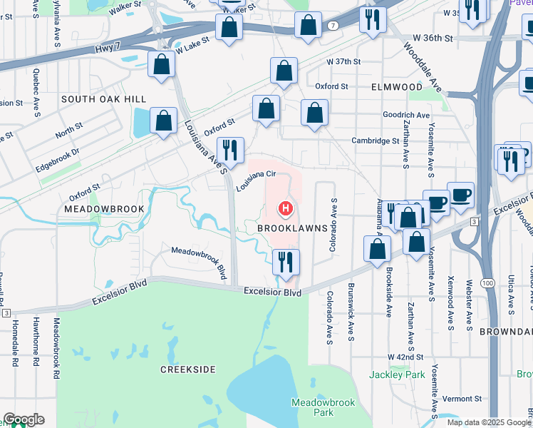 map of restaurants, bars, coffee shops, grocery stores, and more near 6401-6637 Louisiana Circle in Saint Louis Park