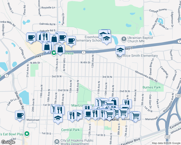 map of restaurants, bars, coffee shops, grocery stores, and more near 334 12th Avenue North in Hopkins